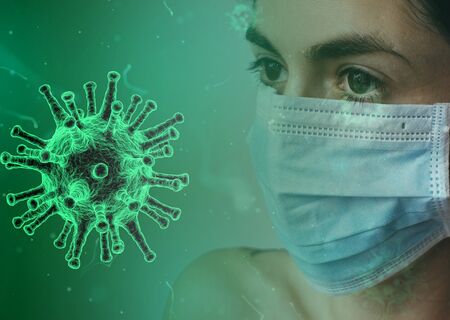 Grafik Corona-Virus und Person mit Maske